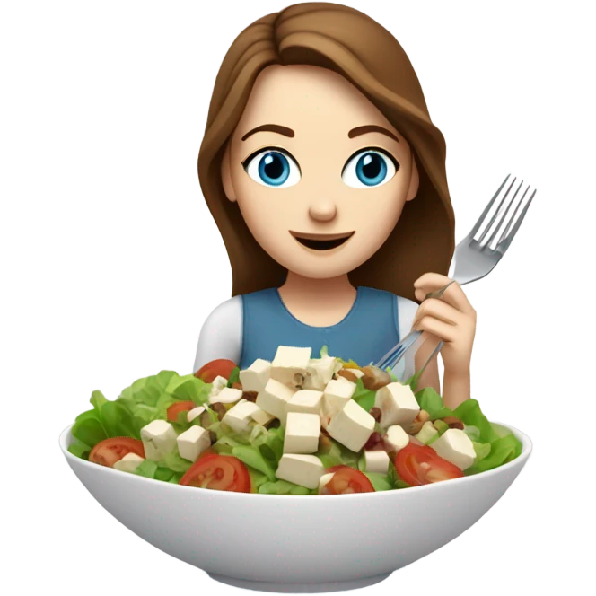 White girl Brown hair blue eyes freackles eating Tofu salad with fork emoji