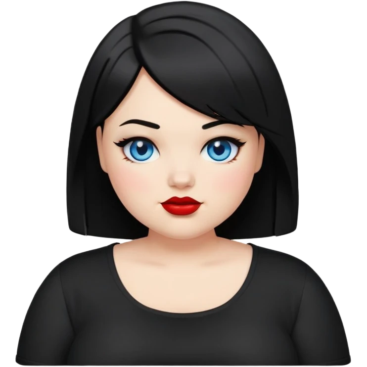 plus size teenage girl with a black bob haircut, side parted, blue eyes, black eyeshadow, red lipstick, wearing a black shirt, emoji style, winking emoji