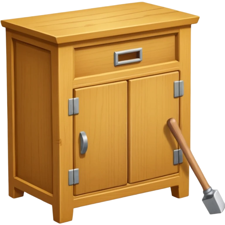 Compact emoji-style icon showing a small wooden cabinet with one door slightly open, a hammer resting beside it, and a plank of wood leaning in the background. Light brown wood tones, silver hammer head, yellow handle. Soft shadows, clean glossy look.  emoji