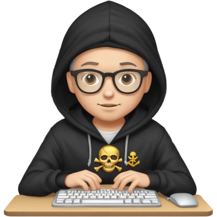 pirate with glasses and a hoodie, typing on a computer, surrounded by code, fun and quirky emoji