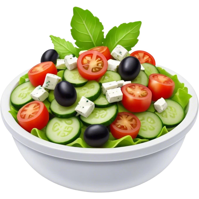 Cinematic Realistic Greek Salad Dish Emoji, depicted with crisp lettuce, tomatoes, cucumbers, olives, and feta cheese rendered with vibrant textures and fresh, natural lighting. emoji