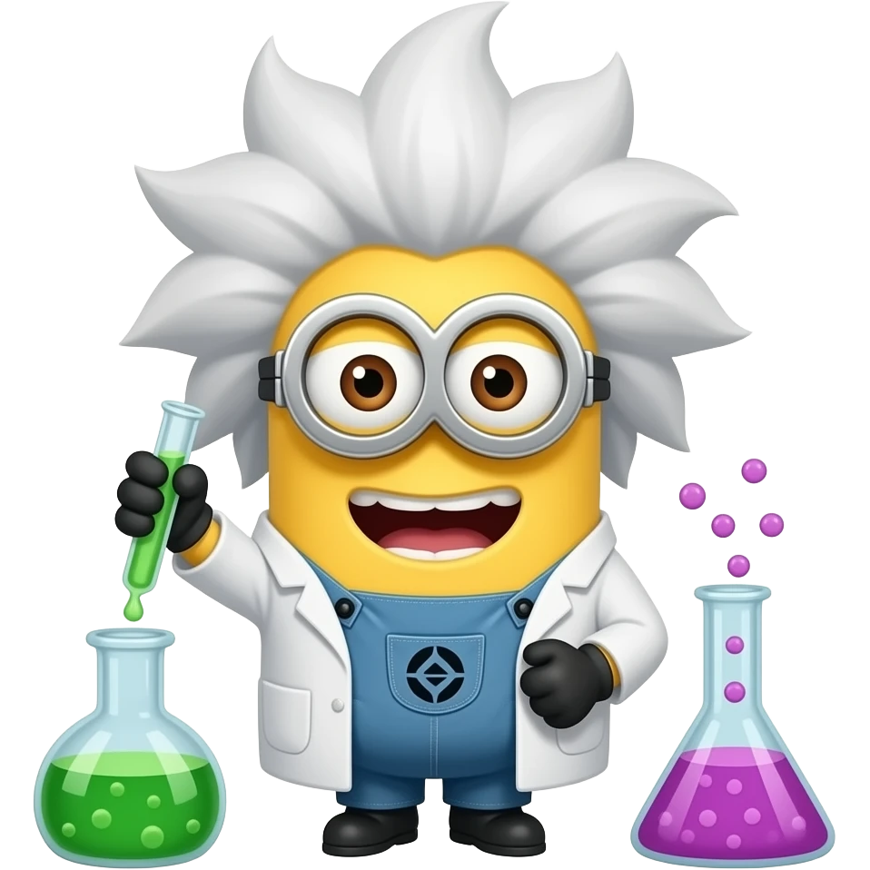 crazy minion in lab coat with wild white hair mixing potions text Clawar emoji