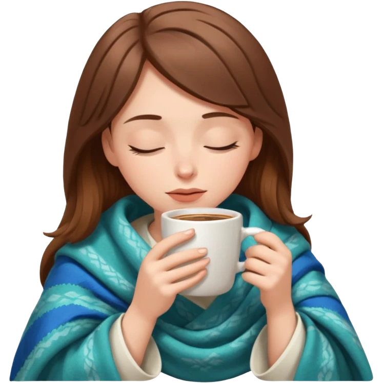 brown-haired white girl inside a blanket sipping coffee eyes closed emoji