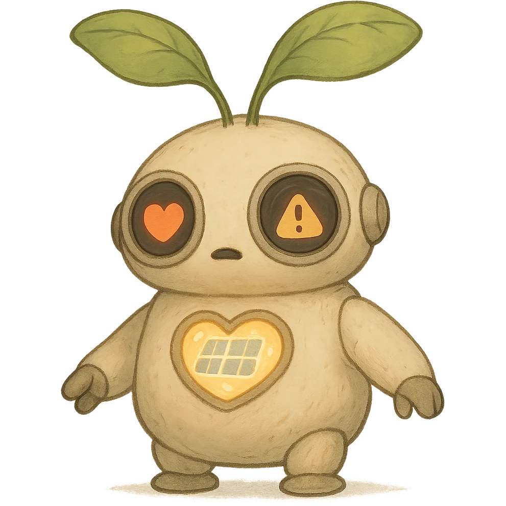 A chubby, round robot seedling with soft, plush-like forms. Its body resembles a young sprout with smooth lines. The robot has large round sensor-displays for eyes that change expression (❤️ for good harvest, ⚠️ for problems). It has two movable leaf-antennas on its head that move when working. On its chest is a stylized heart with solar panels that glows softly when charging. It has short, slightly clumsy arms and legs like a baby robot, with suckers or tiny wheels on its feet to "roll" around the greenhouse. emoji