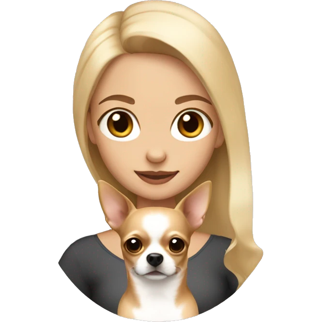 Blonde girl with brown eyes holding a light brown chihuahua emoji