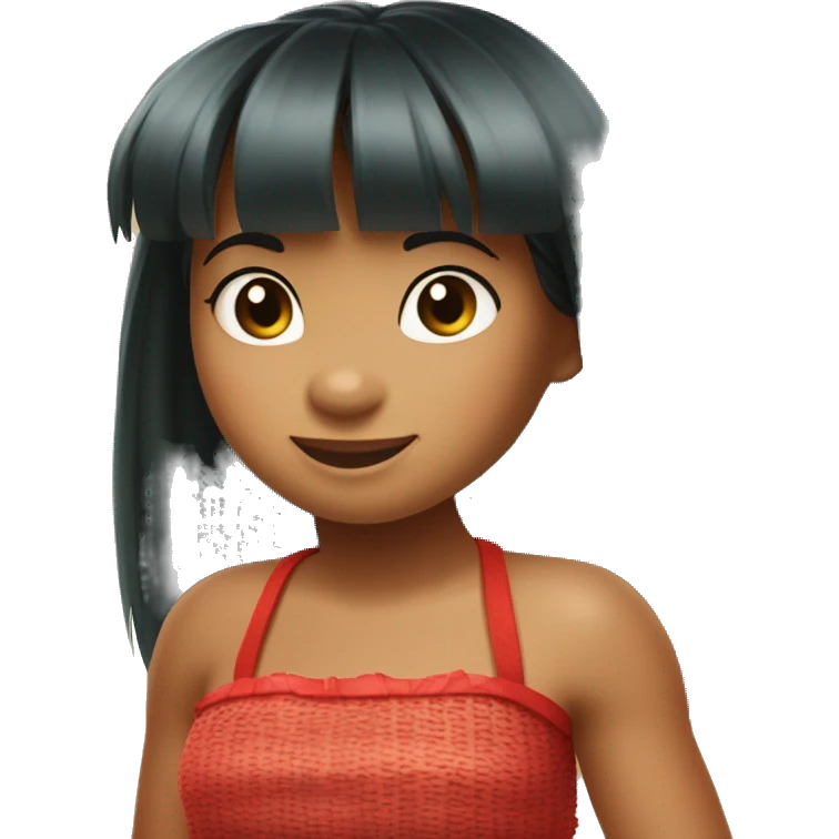Little girl with bangs wearing a grass hula skirt and red tube top like lilo from lilo and stitch emoji