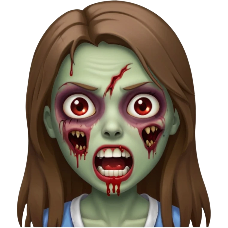 faça uma menina zumbi, ela tem cabelo marrom comprido e bem bem liso, ela nao tem franja. ela usa maquiagem com rimel e ta com a boca aberta emoji