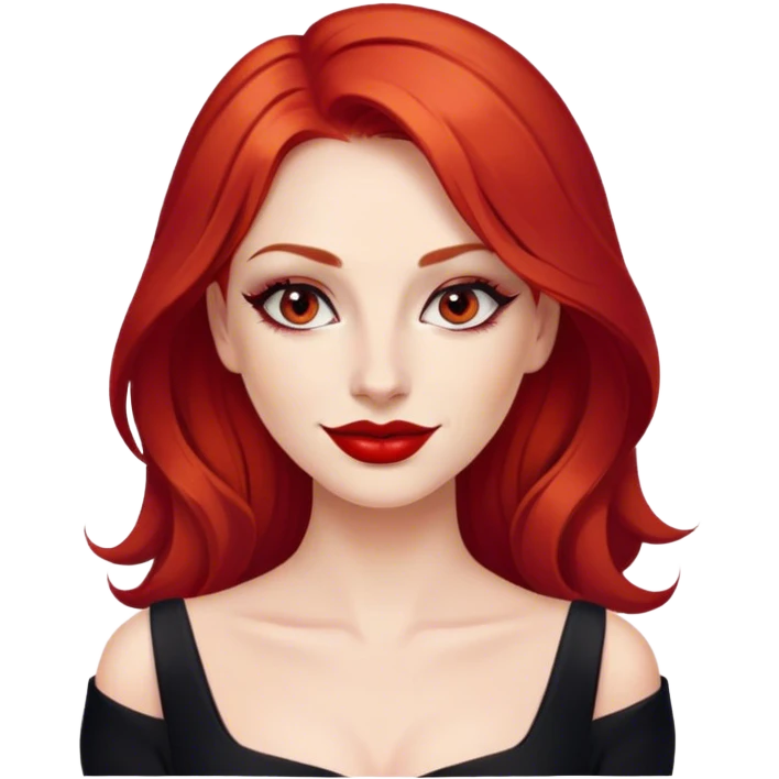 a woman with red hair and red eyes. The woman wear a black dress. She have red lipstick and she have a seductive look and smile emoji