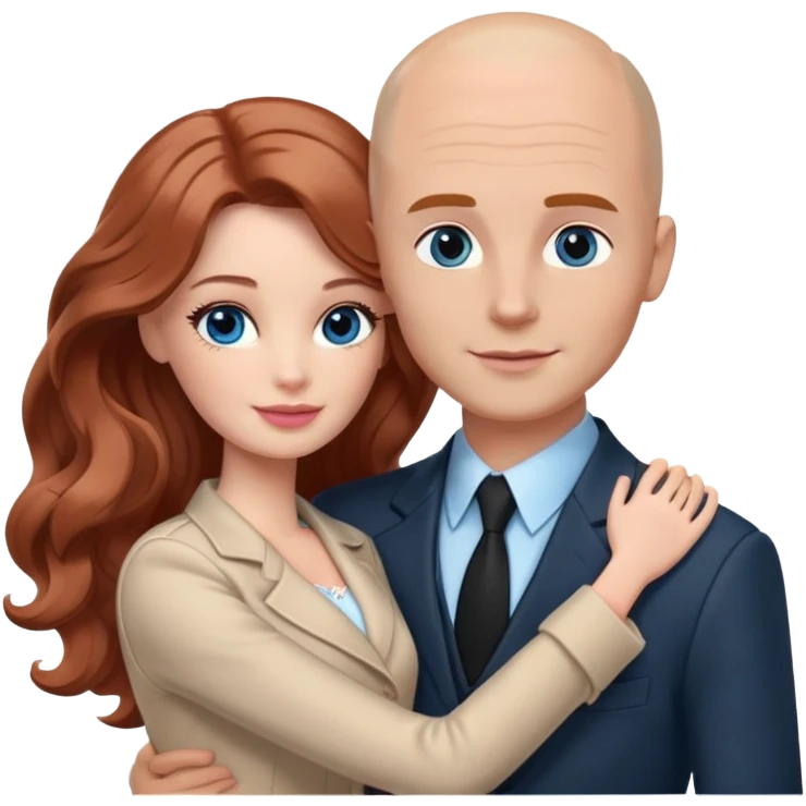 Barbie girl  , eyes blue , Chestnut red long wavy hair In pale beige clothes, Hugs a man with light brown hair bald, brown eyes , and a black suit emoji