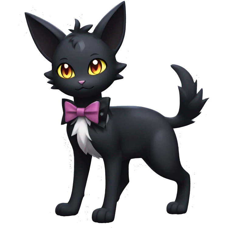 Shiny Dark Cool Edgy Black beautiful ethereal fantasy Kawaii Sona Umbreon-Litten-Fakemon-cat-animal with edgy bat-ears bow tie black emo-mane vtuber model Full Body emoji