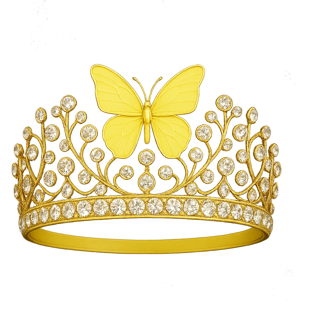 butterfly crown with a lemon yellow base, a single butterfly in pale or bright yellow enamel, sparkling gems emoji