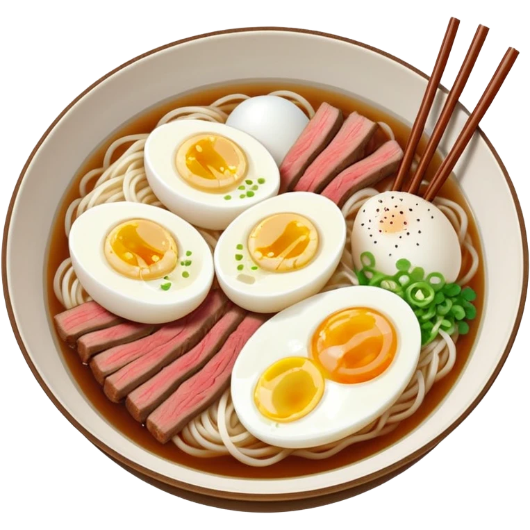 Korean cold noodles naengmyeon in a bowl with clear broth topped with half a boiled egg and one slice of beef emoji
