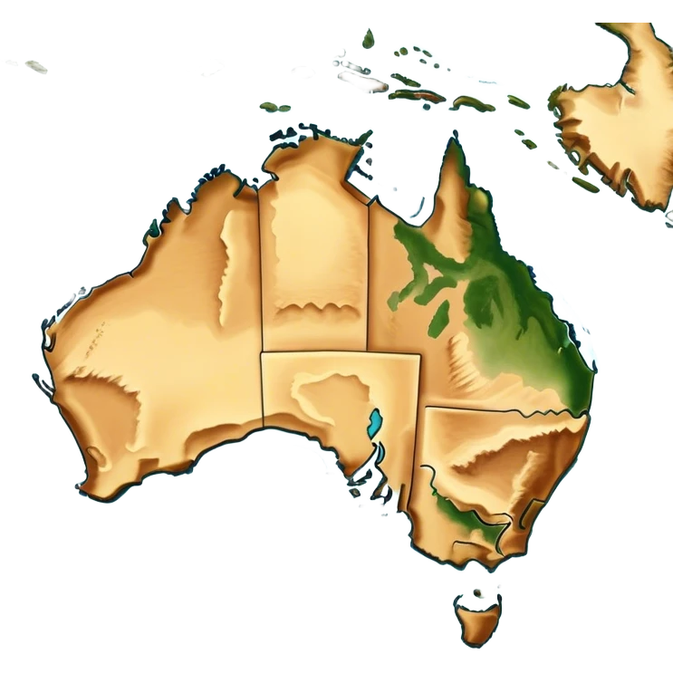 Outline and Landmass of Australia – map of Australia, featuring its distinct coastline and iconic landmass shape. The deep blue ocean surrounds the golden-brown continent, with subtle topographic details highlighting its vast deserts, lush forests, and rugged coastline. A soft glow accentuates the edges, making the shape unmistakable. emoji