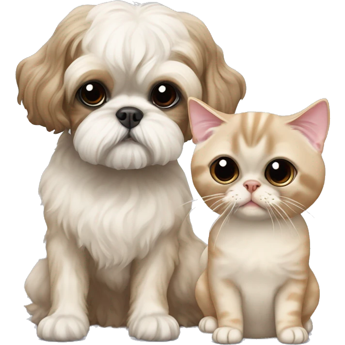 Beige shih tzu sitting next to a small beige Devon Rex cat  emoji