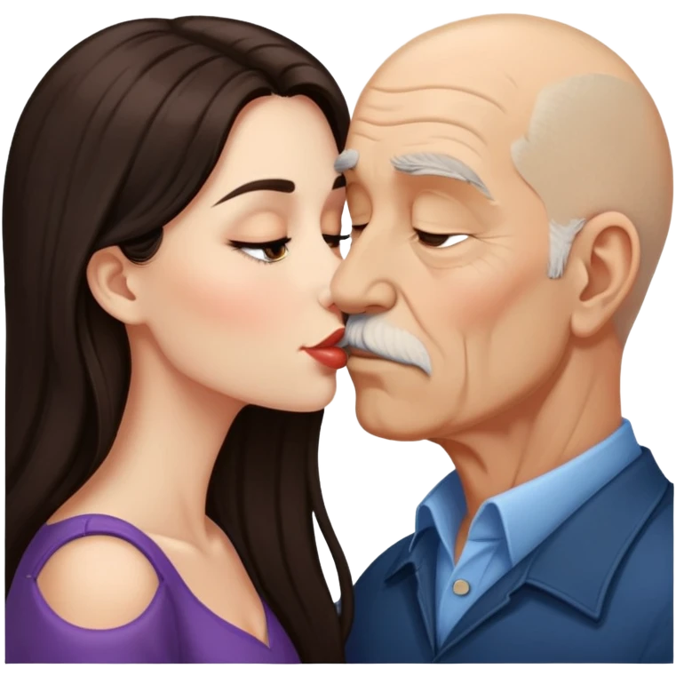 Beautiful woman with long dark hair, kissing a old brown bald man emoji