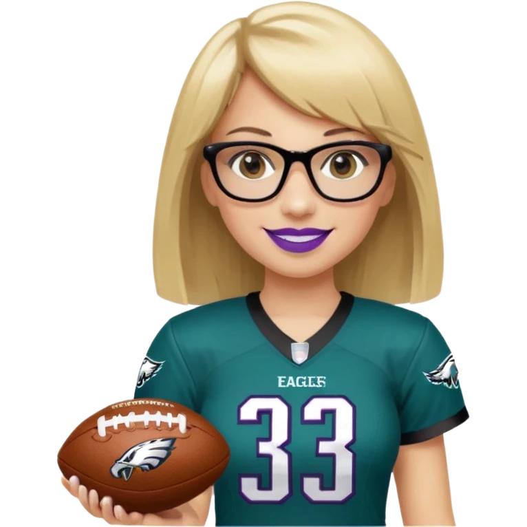 full length women wearing eagles uniform, medium blonde hair, straight across bangs, black glasses, holding football, number 33, smiling, purple lipstick emoji