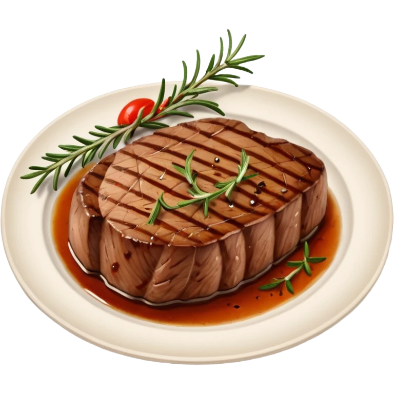 Draw a grilled steak on a plate with grill marks & rosemary garnish. emoji