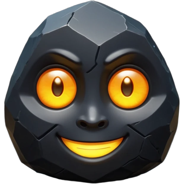 Single black obsidian rock character, thick and heavy with sharp facets and subtle reflections, carved cute face with glowing round eyes and a small smile, 3D render, high detail, soft backlighting, isolated on a plain dark background. emoji