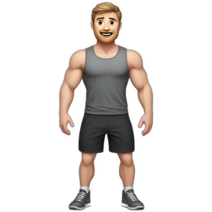 Full height realistic Actively gesturing with hands Pale skinned Fit Man With the biceps and brown hair in dark gray Sleeveless Mike, black oversize sports shorts, watch and white Sneakers emoji