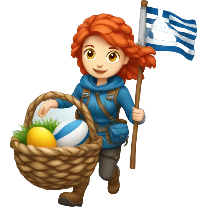 red hair female winter mountaineer climbing with Easter eggsbasket and Greek flag emoji
