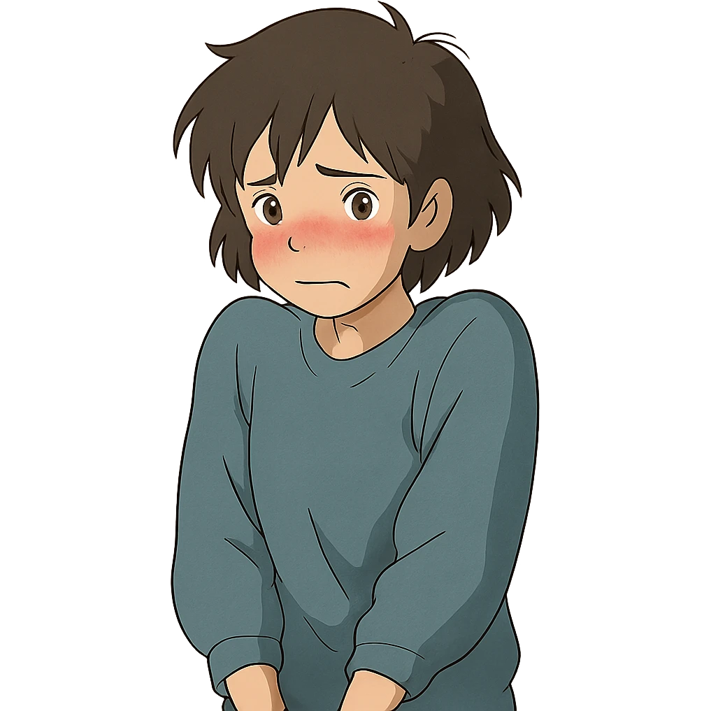 ghibli style character looking embarrassed, blushing, shy posture emoji