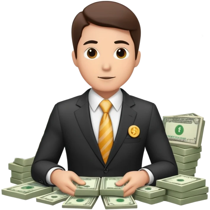 Professional financial expert with suit, tie, charts and money symbols emoji