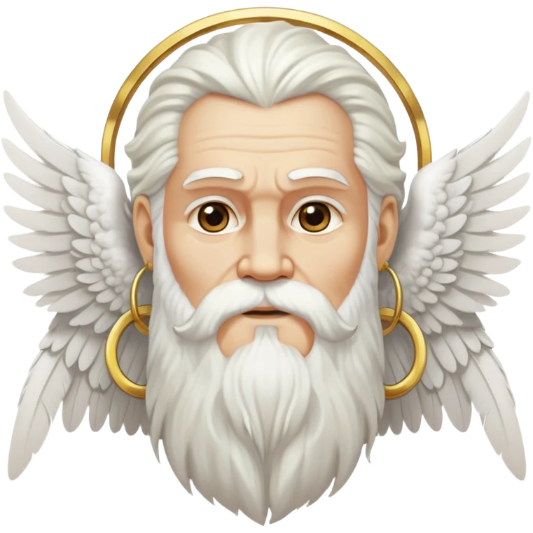 Zeus-like deity with large white feathered wings, long white hair and beard, wise expression, gold hoop earrings hanging from ears emoji