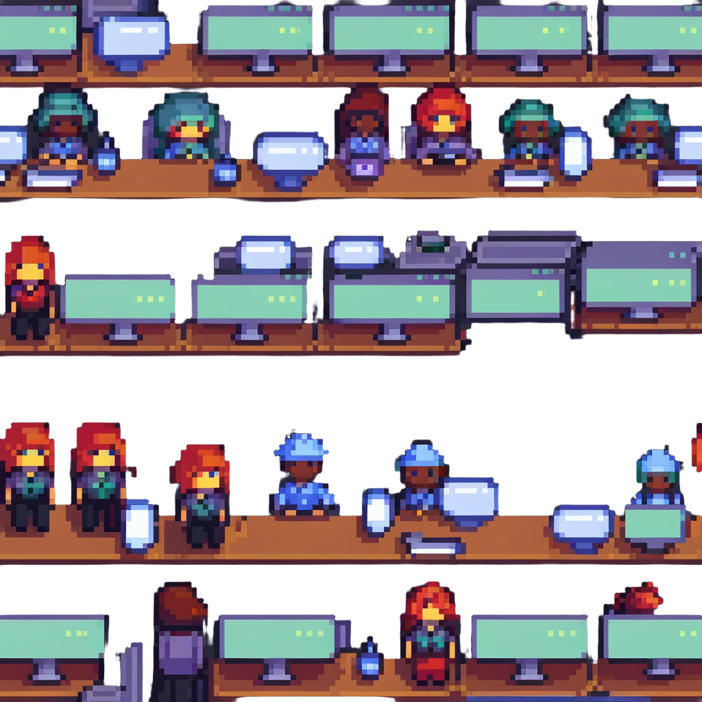 webinar with small pixel art figures at computers, simple background emoji