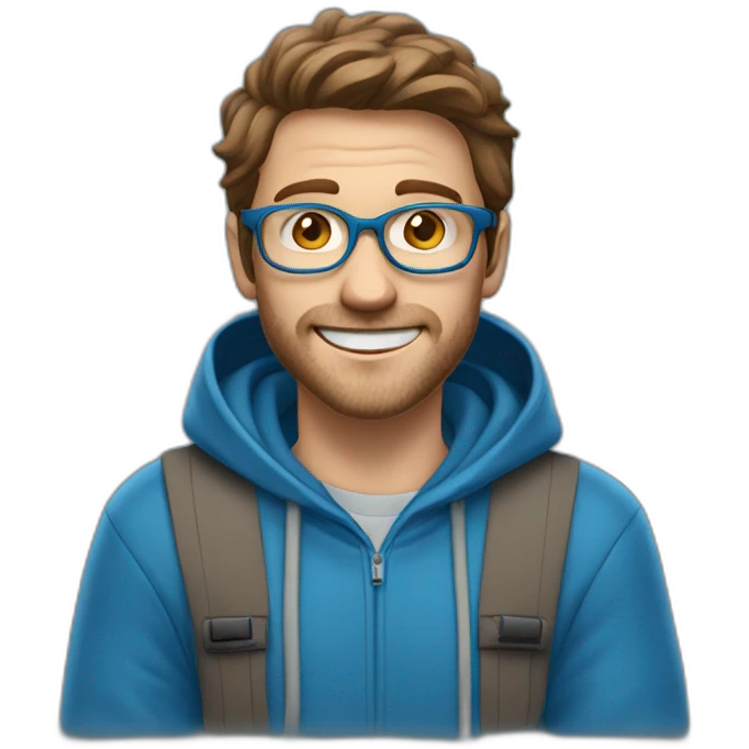 white man with brown hair and hazel eyes and glasses wearing blue hoodie feeling excited emoji