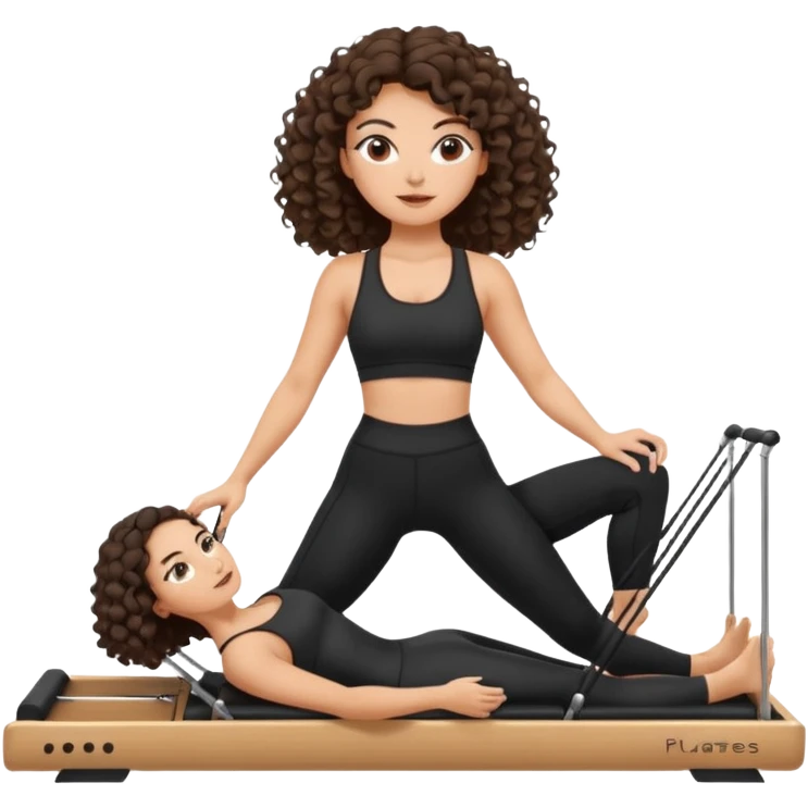 brunette,curly hair shoulder lenght,turkish,beautiful,with some eyelined eyes, 3b girl doing reformer pilates with black pilates cutesy set,on reformer machine,making different moves. emoji