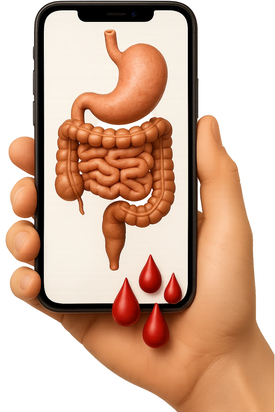 emoji stile iphone 3d di stomaco e intestino collegati verticalmente con 3 gocce di sangue 3d in mano, iperrealistiche 4k emoji