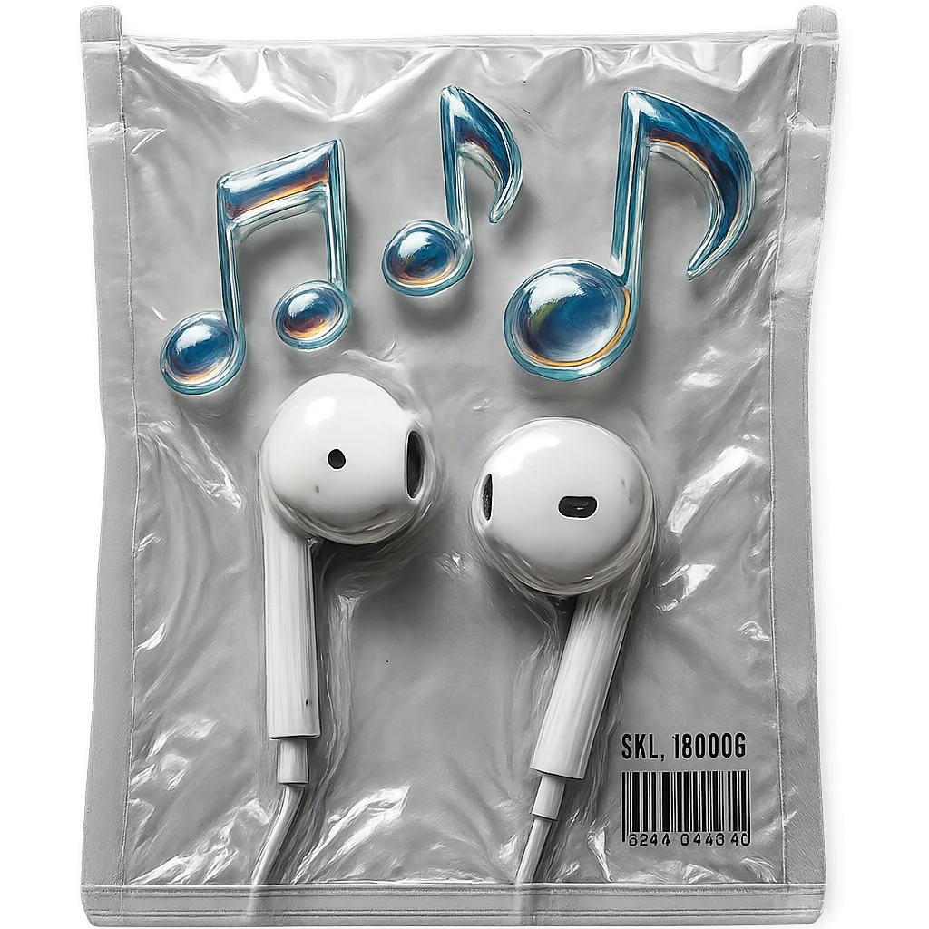 pair of white EarPods with three floating iridescent glass music notes, shiny and puffy, vacuum-sealed style emoji