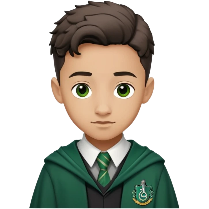 terence higgs is Graham Montague  in harry potter, wear hogwarts slytherin uniform, light skin, handsome boy emoji