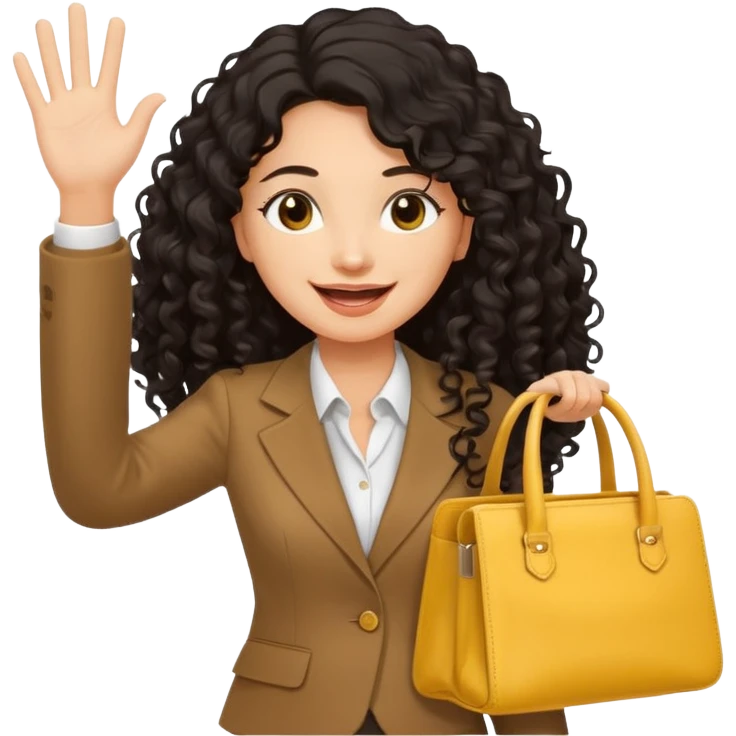 medium deep tan brown business woman with long black curly hair, waving hand with happy face with smile mouth and carrying bag on her shoulder and the other hand holding yellow stanley tumblr emoji