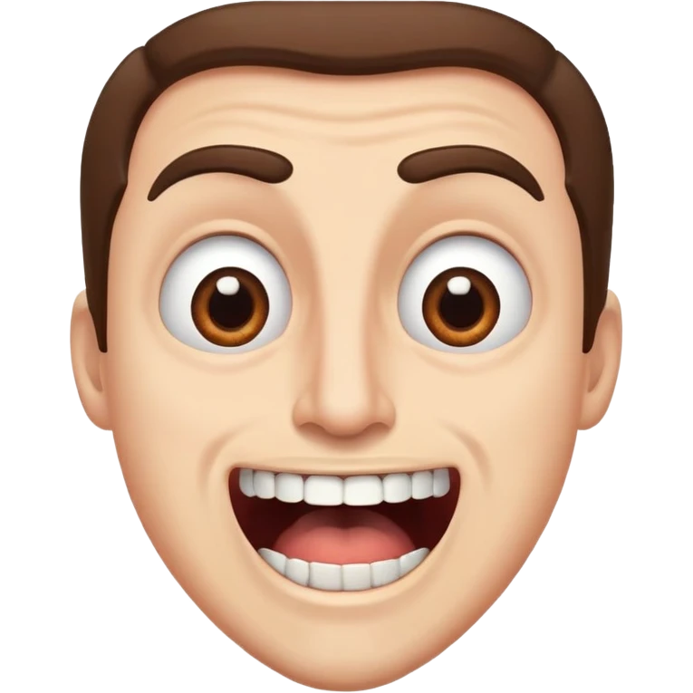 Guy with brown eyes and brown hair has mouth open, teeth shown, nostrils opened , eyes wide, eyebrows high, funny face  emoji