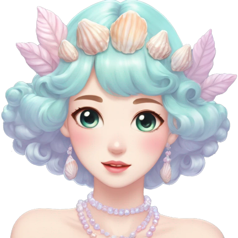 Gorgeous pastel anime style lady with blushing face and seashells tiara pearls dress necklace cottagecore fairycore pastelcore colorful pearly romantic simplistic aesthetic trending style emoji