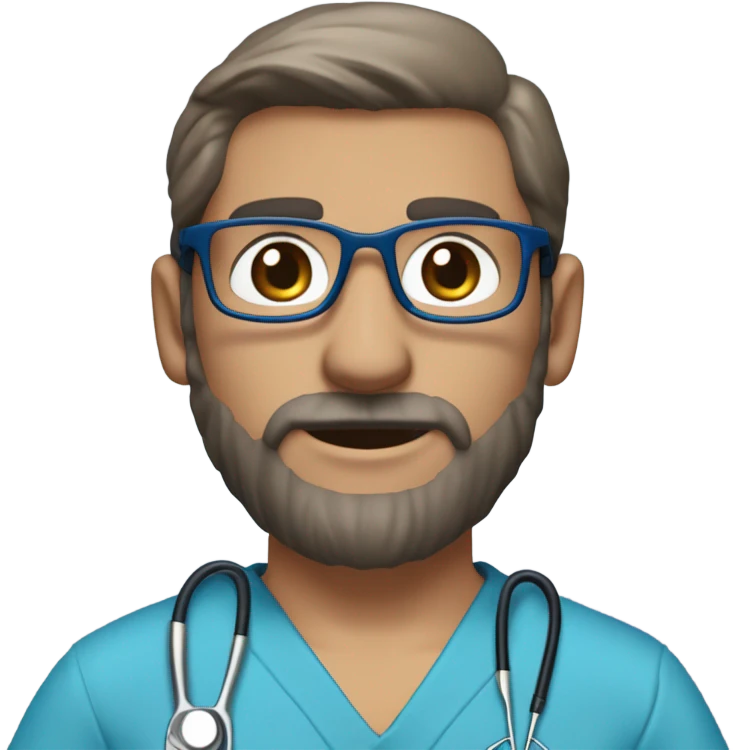 male dark blond haired doctor in scrub cap with grey van dyke beard with hazel eyes and small wire-rimmed glasses in blue scrubs holding a large paintbrush emoji