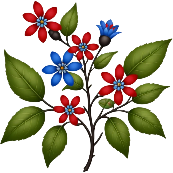 dull green leaves & red & blue flowers filigree design & small fruits& ebony branches, extremely detailed, complex design emoji