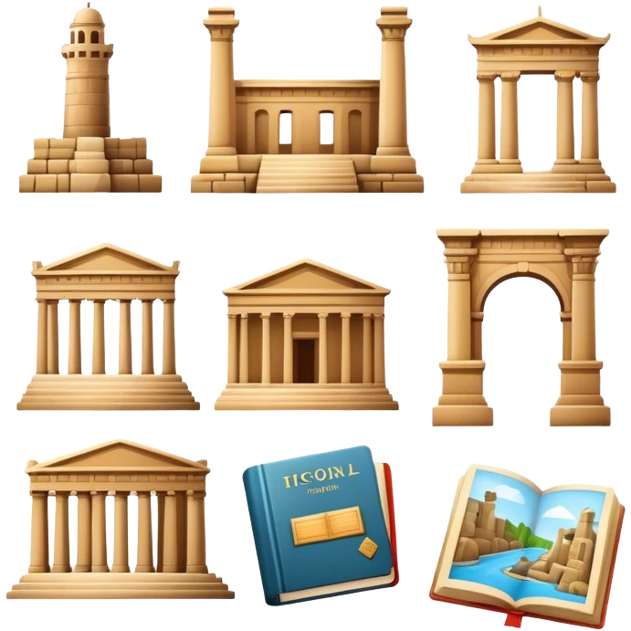 Icon for Historical and Cultural Tourism: iconic landmarks like ancient ruins, a museum and a historical monument, with a travel guidebook and camera. The icon should capture the exploration of history and culture. Transparent background. emoji