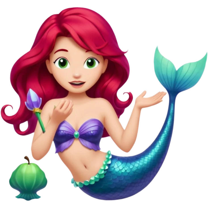 Ariel from Disney's The Little Mermaid, singing, with red hair, purple seashell top, and green mermaid tail, apple-style emoji art emoji