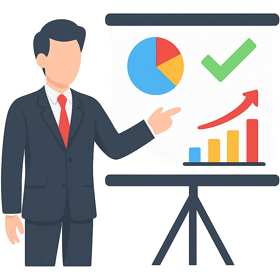 person pointing at presentation board with charts and graphs, business presentation emoji