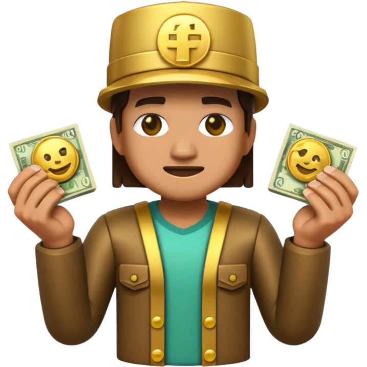 3D emoji, minecraft inspired character made of glossy plastic, holding money and gold coins, cinematic lighting, soft reflections, ultra detailed, centered, clean background, high resolution emoji