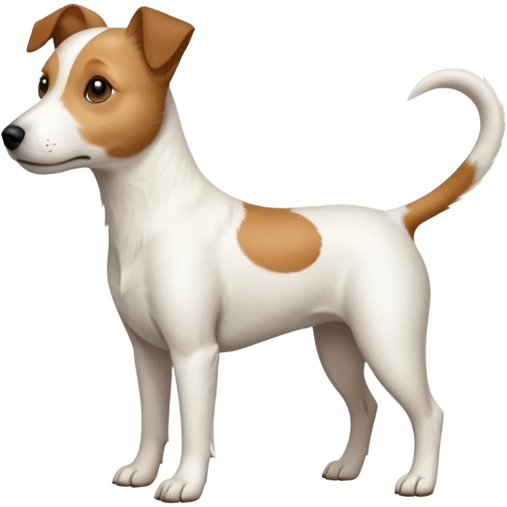 a full body white jack russel looking dog the size of a kelpie with light brown ears and a light brown patch on one eye, flopped down ears and a large snout emoji