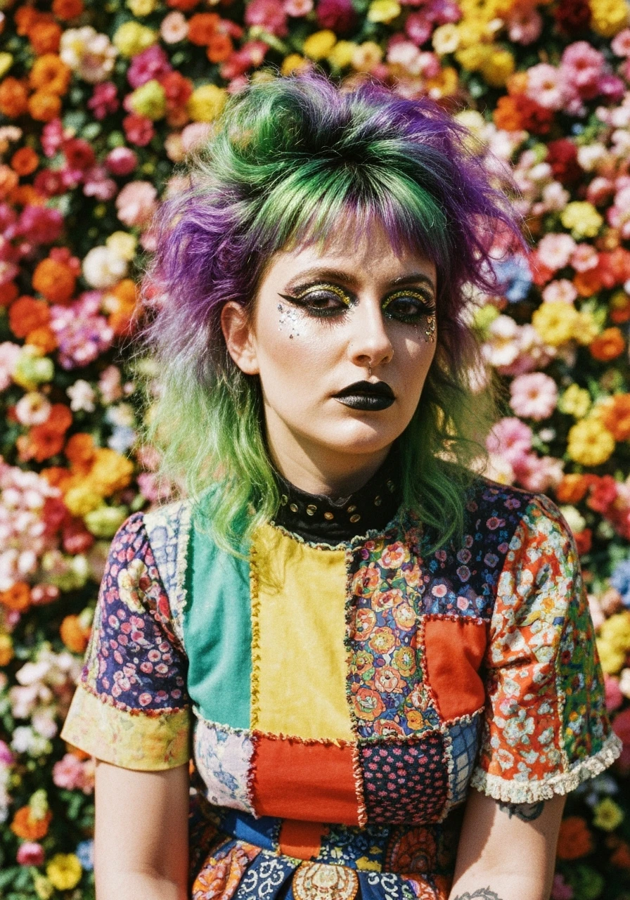 Closeup photo of a woman around colorfull flowers wearing alternative fashion emoji