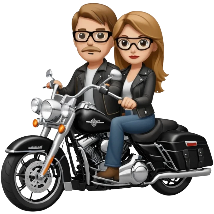 Un couple de biker sur une harley road king noire, l'homme sans moustache et une paire de lunettes demetz ros21, la fille a des cheveux plus dans les tons chatain emoji