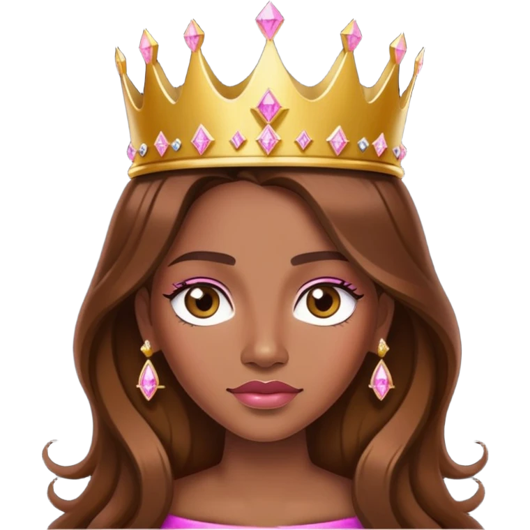 Queen, brown long hair, golden crown with pink diamonds emoji