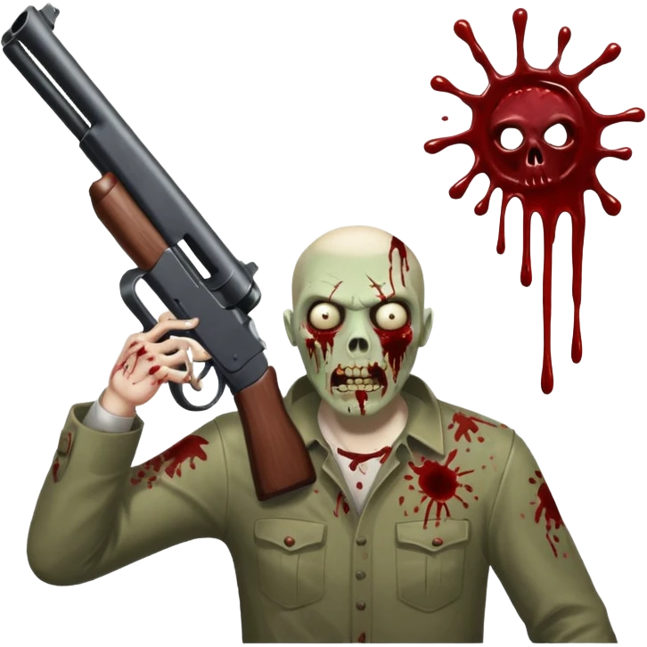 Man in foreground firing shotgun, zombie approaching from front, blood splatter, dark horror, no background












 emoji