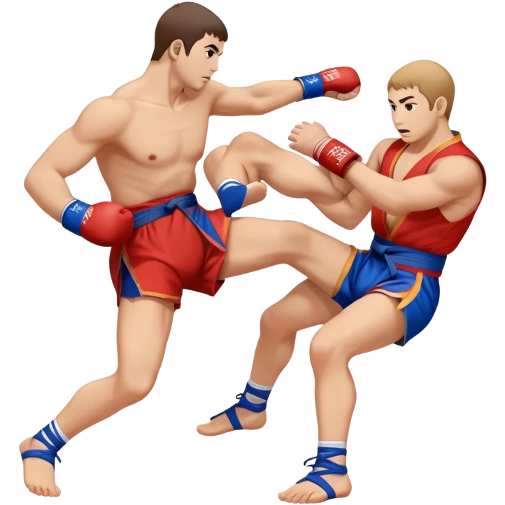 An icon symbolizing Sambo, featuring two fighters in blue and red kimonos with shorts and wrestling shoes. One executes a powerful throw, while the other attempts a defensive grab. The fighters are engaged in a grapple, using joint locks and sweeps.  emoji