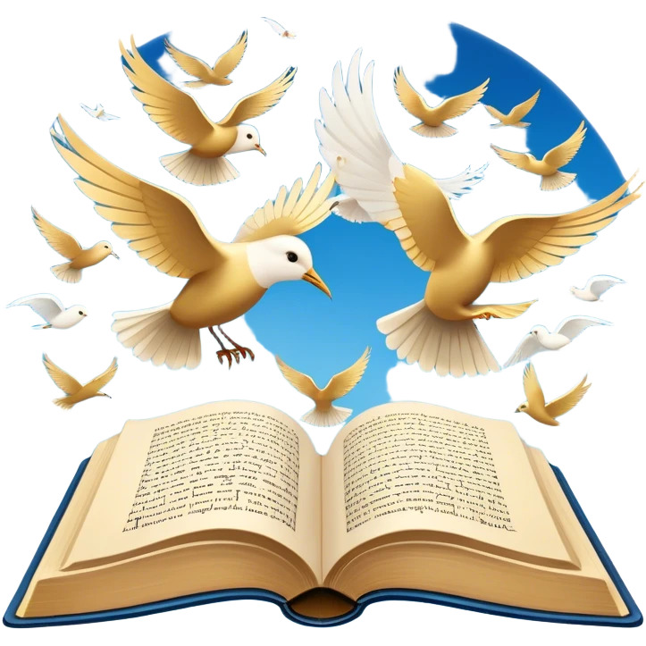 Icon for Poetry Reading: an open book with verses on the pages, from which fly pages transforming into a large flock of small white birds soaring into the blue sky. The icon should evoke the freedom and beauty of poetry. Transparent background. emoji