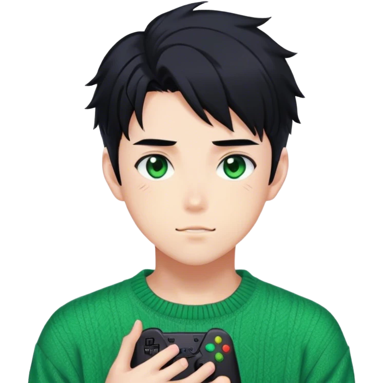 Gorgeous green sweater black hair anime style shojo guy with blushing face and gamer, aesthetic, trending style outside  emoji